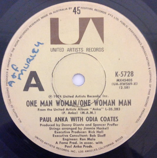 Paul Anka , With Odia Coates : One Man Woman / One Woman Man (7", Single)