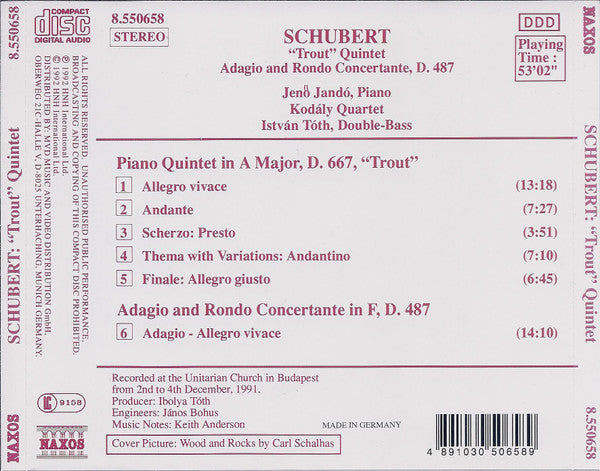 Schubert* - Jenö Jandó, Kodály Quartet, István Tóth : Piano Quintet "Trout" • Adagio And Rondo Concertante, D. 487 (CD, Album)
