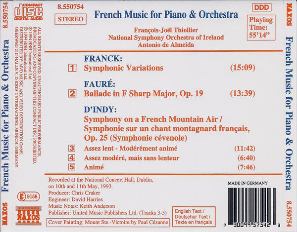 Franck*, Fauré*, d'Indy* | François-Joël Thiollier, National Symphony Orchestra Of Ireland, Antonio De Almeida : French Music For Piano & Orchestra (CD, Son)
