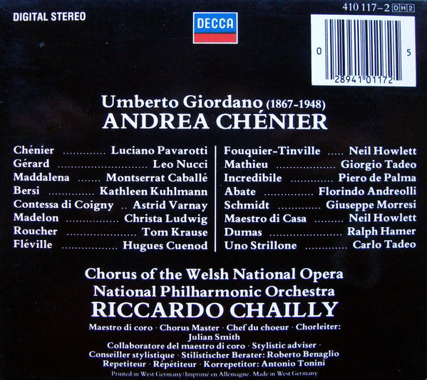 Giordano*, Luciano Pavarotti, Montserrat Caballé, Leo Nucci, National Philharmonic Orchestra, Riccardo Chailly : Andrea Chénier (2xCD, Album, RE + Box)