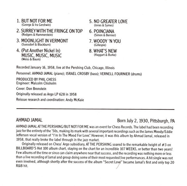 Ahmad Jamal Trio : Ahmad Jamal At The Pershing (CD, Album, RE)