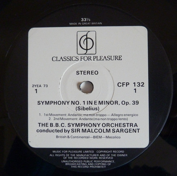 Sibelius*, BBC Symphony Orchestra, Sir Malcolm Sargent : Symphony No.1 (LP, RE)