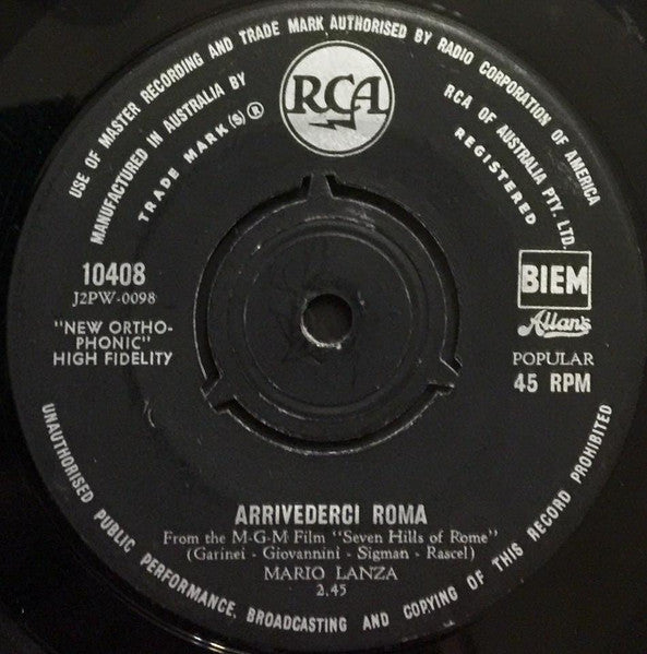 Mario Lanza : Arrivederci Roma / Younger Than Springtime (7", Single)