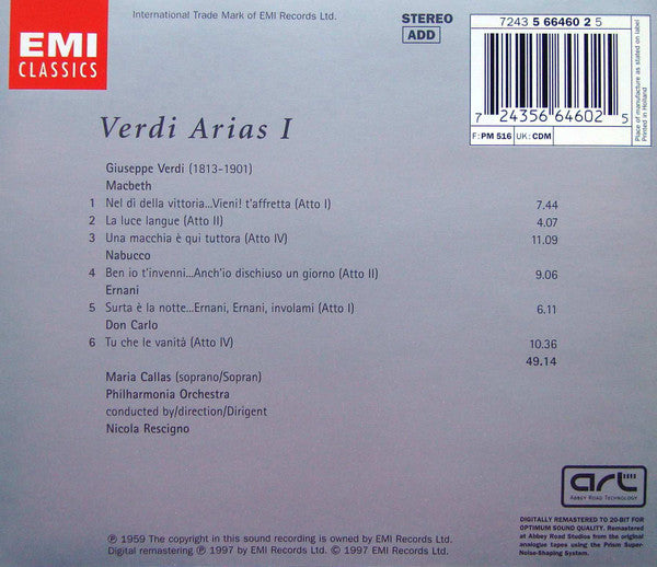 Verdi* / Maria Callas, Philharmonia Orchestra, Nicola Rescigno : Verdi Arias I (CD, Album, RE, RM)