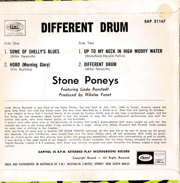 The Stone Poneys Featuring Linda Ronstadt : Different Drum (7", EP, Fir)