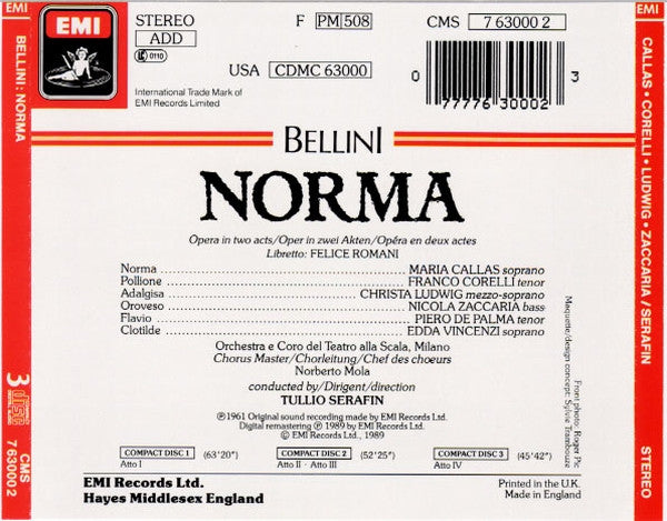 Vincenzo Bellini – Maria Callas, Christa Ludwig, Franco Corelli, Nicola Zaccaria / Coro Del Teatro Alla Scala e Orchestra Del Teatro Alla Scala, Tullio Serafin : Norma (3xCD, Album, RE, RM)
