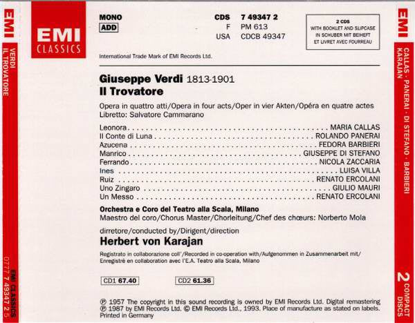 Verdi* - Callas*, Panerai*, Di Stefano*, Barbieri*, Zaccaria*, Orchestra* E Coro Del Teatro Alla Scala, Von Karajan* : Il Trovatore (2xCD, Album, Mono, RE, RM + Box, Sli)