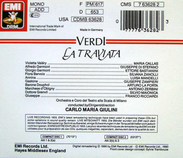 Giuseppe Verdi / Maria Callas, Giuseppe di Stefano, Ettore Bastianini, Coro Del Teatro Alla Scala E Orchestra Del Teatro Alla Scala, Carlo Maria Giulini : La Traviata (2xCD, Album, Mono, RM, RP)