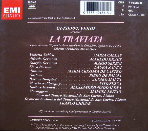 Giuseppe Verdi - Maria Callas - Alfredo Kraus, Mario Sereni, Coro Do Teatro De São Carlos & Orquestra Sinfónica Do Teatro Nacional De São Carlos, Lisboa, Franco Ghione : La Traviata [Live 1958 Recording] (2xCD, Album, Mono, RE, RM + Box, Sli)