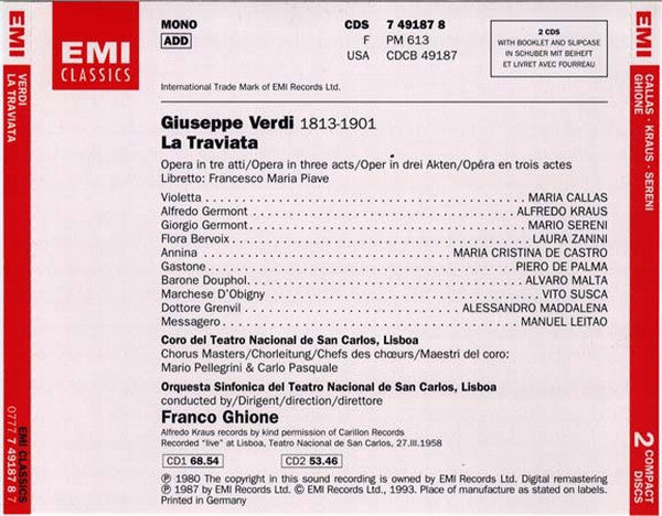 Giuseppe Verdi - Maria Callas - Alfredo Kraus, Mario Sereni, Coro Do Teatro De São Carlos & Orquestra Sinfónica Do Teatro Nacional De São Carlos, Lisboa, Franco Ghione : La Traviata [Live 1958 Recording] (2xCD, Album, Mono, RE, RM + Box, Sli)