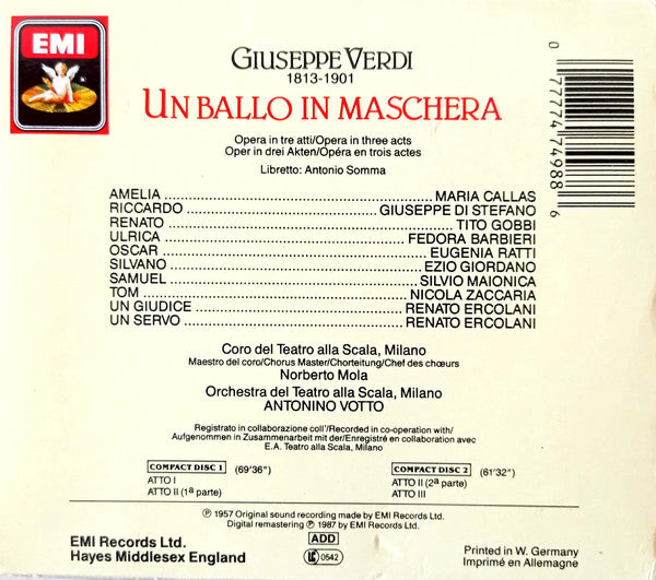 Giuseppe Verdi - Maria Callas, Giuseppe di Stefano, Tito Gobbi, Fedora Barbieri, Eugenia Ratti, Orchestra Del Teatro Alla Scala E Coro Del Teatro Alla Scala, Antonino Votto : Un Ballo In Maschera (2xCD, Album, Mono, RE, RM)