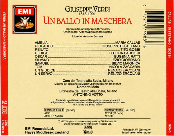 Giuseppe Verdi - Maria Callas, Giuseppe di Stefano, Tito Gobbi, Fedora Barbieri, Eugenia Ratti, Orchestra Del Teatro Alla Scala E Coro Del Teatro Alla Scala, Antonino Votto : Un Ballo In Maschera (2xCD, Album, Mono, RE, RM)