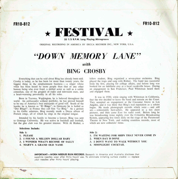 Bing Crosby : Down Memory Lane (10", Comp, Mono)