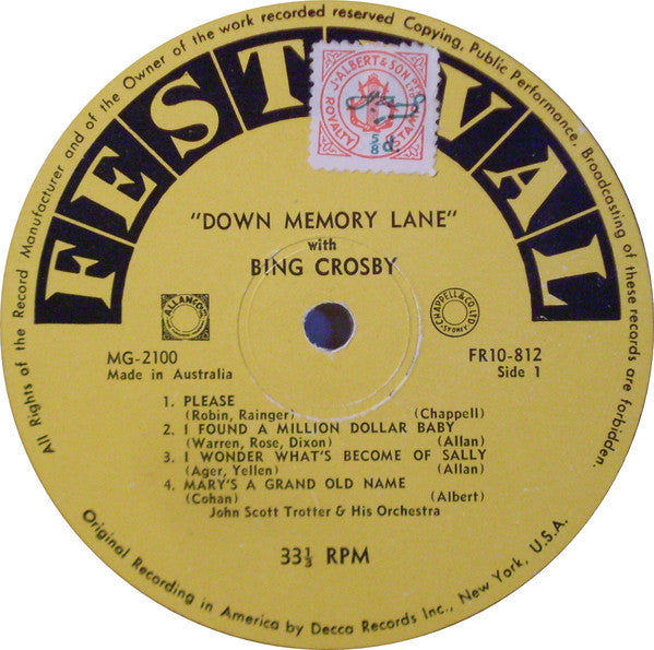 Bing Crosby : Down Memory Lane (10", Comp, Mono)