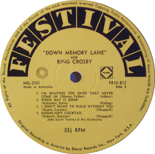 Bing Crosby : Down Memory Lane (10", Comp, Mono)