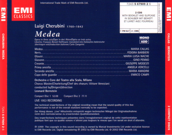 Luigi Cherubini - Maria Callas, Gino Penno, Maria Luisa Nache, Fedora Barbieri, Orchestra Del Teatro Alla Scala E Coro Del Teatro Alla Scala, Leonard Bernstein : Medea [Live 1953 Recording] (2xCD, Album, Mono, RE, RM + Box, Sli)