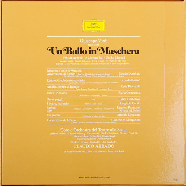 Giuseppe Verdi - Placido Domingo, Katia Ricciarelli, Renato Bruson, Elena Obraztsova, Edita Gruberova, Ruggero Raimondi, Coro Del Teatro Alla Scala E Orchestra Del Teatro Alla Scala, Romano Gandolfi, Claudio Abbado : Un Ballo In Maschera = Ein Maskenball = Un Bal Masqué (3xLP + Box)