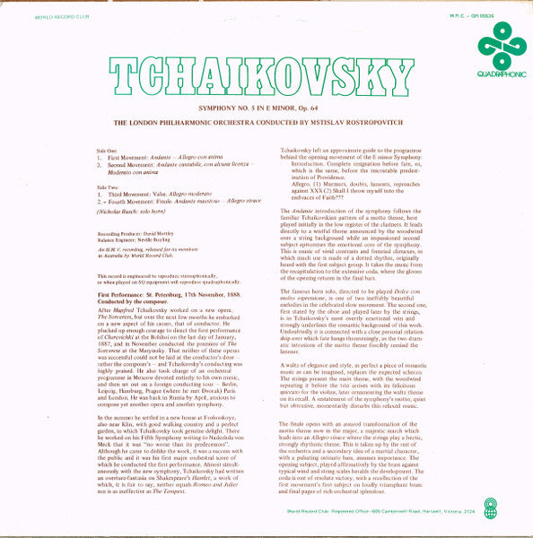 Pyotr Ilyich Tchaikovsky : Symphony No. 5 In E Minor (LP, Album, Quad, Club)