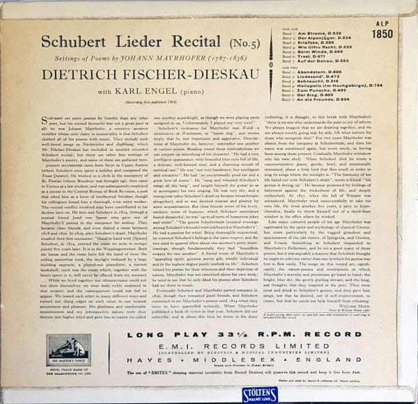 Franz Schubert, Dietrich Fischer-Dieskau With Karl Engel : Schubert Lieder Recital (No. 5) (LP, Album, Mono)