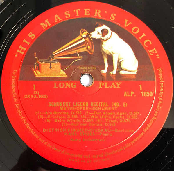 Franz Schubert, Dietrich Fischer-Dieskau With Karl Engel : Schubert Lieder Recital (No. 5) (LP, Album, Mono)