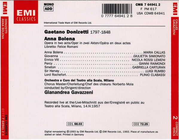 Gaetano Donizetti - Maria Callas, Giulietta Simionato, Nicola Rossi-Lemeni, Gianni Raimondi, Gabriella Carturan, Orchestra Del Teatro Alla Scala E Coro Del Teatro Alla Scala, Gianandrea Gavazzeni : Anna Bolena (2xCD, Album, Mono, RE, RM)
