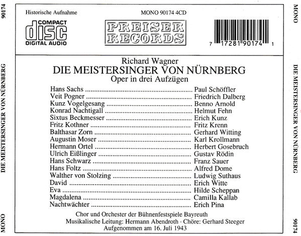 Richard Wagner, Paul Schöffler, Friedrich Dalberg, Erich Kunz, Hilde Scheppan, Ludwig Suthaus, Erich Witte, Hermann Abendroth : Die Meistersinger Von Nürnberg, Bayreuther Festspiele 1943 (4xCD)