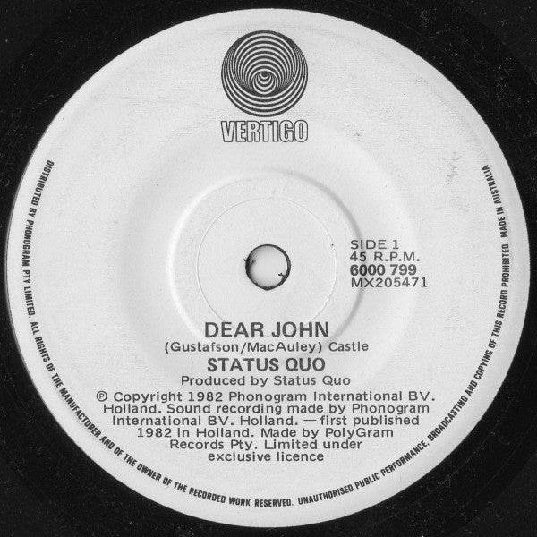 Status Quo : Dear John (7", Single)