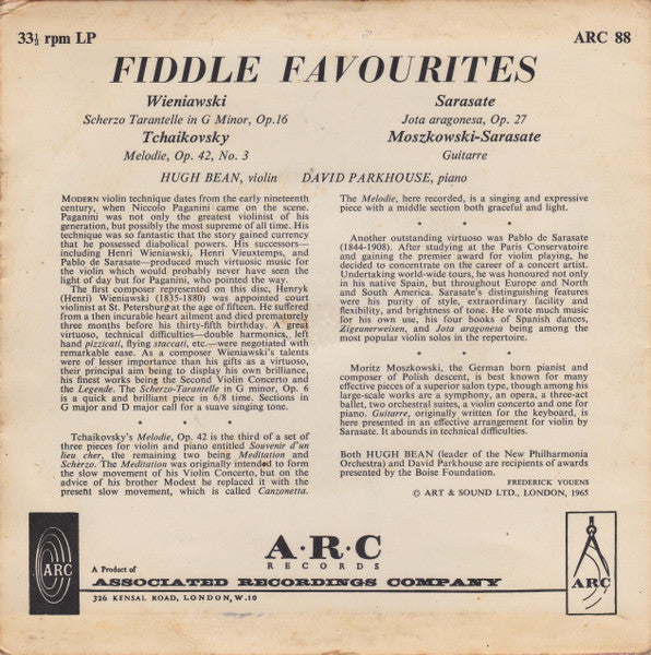 Hugh Bean And David Parkhouse : Fiddle Favourites (7")