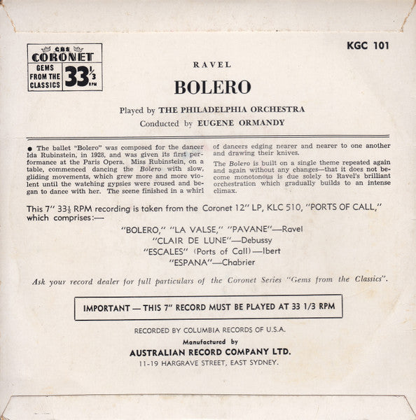 Maurice Ravel, The Philadelphia Orchestra, Eugene Ormandy : Bolero (Ravel) (7", Mono)