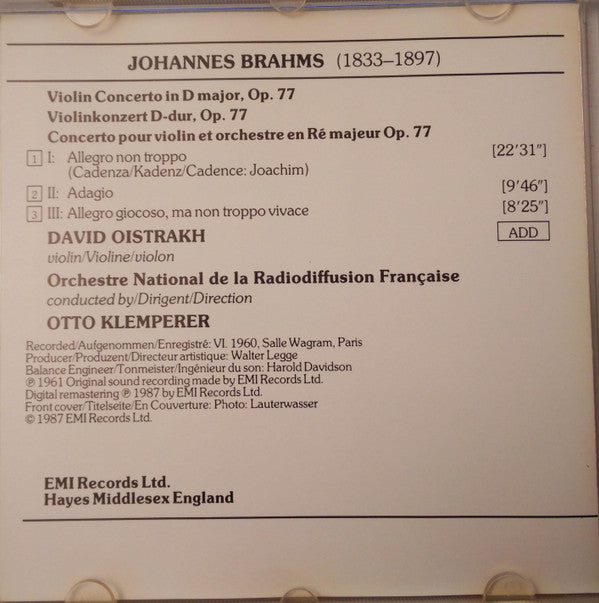Johannes Brahms, David Oistrakh*, Otto Klemperer, Orchestre National de la Radiodiffusion Française* : Violin Concerto In D Major, Op. 77 (CD)
