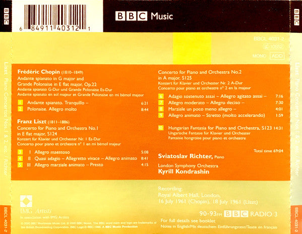 Franz Liszt, Frédéric Chopin, Sviatoslav Richter, London Symphony Orchestra, Kiril Kondrashin : Piano Concerto No. 1 / Piano Concerto No. 2 / Hungarian Fantasia / Andante Spianato & Grande Polonaise (CD, Mono, RM)