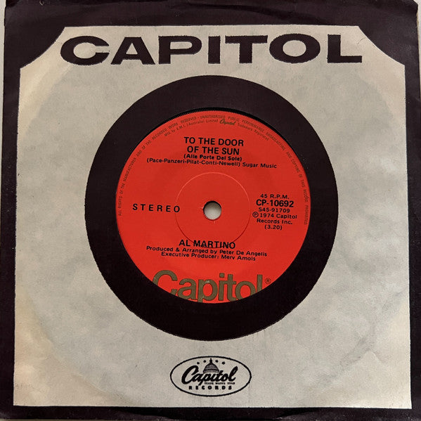 Al Martino : To The Door Of The Sun (Alle Porte Del Sole) (7", Single)