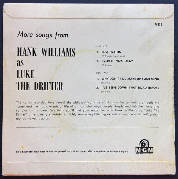 Hank Williams As Luke The Drifter : More Songs From Hank Williams As Luke The Drifter (7", EP, RE)