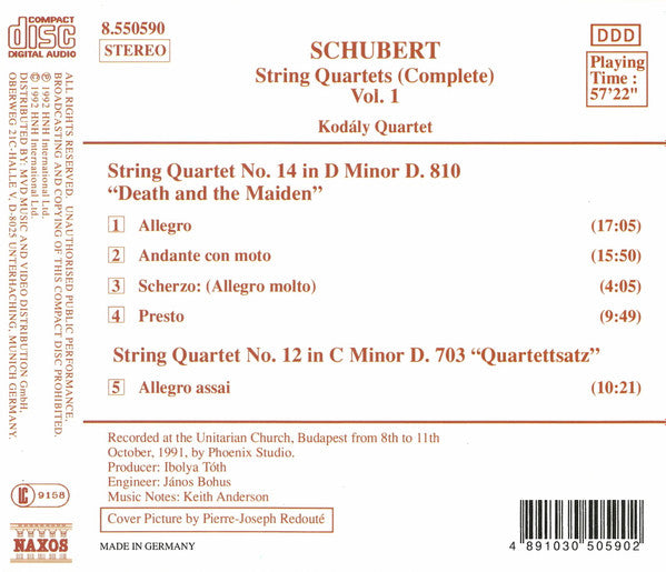 Franz Schubert ‎– Kodály Quartet : String Quartets (Complete) Vol. 1 (CD, Album, RP)