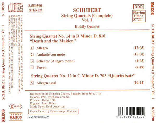 Franz Schubert ‎– Kodály Quartet : String Quartets (Complete) Vol. 1 (CD, Album, RP)