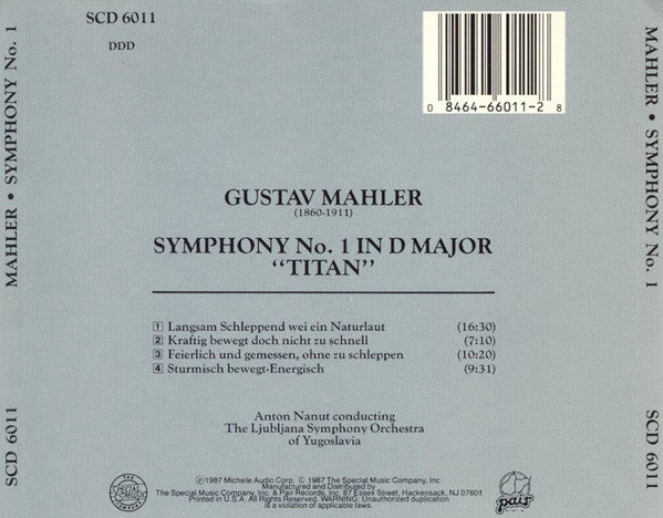 Mahler*, Anton Nanut, Ljubljana Symphony Orchestra* : Symphony No. 1 In D Major "Titan" (CD, Album)