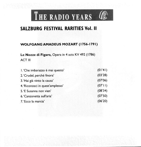 Wolfgang Amadeus Mozart, Ezio Pinza, Mariano Stabile, Maria Reining, Esther Réthy, Marta Rohs, Angelica Cravcenko, Wiener Philharmoniker, Wiener Staatsopernchor, Hans Knappertsbusch : Salzburg Festival Rarities Vol. II: Le Nozze Di Figaro (Act 3) (CD, Album, Mono, RE, RM)