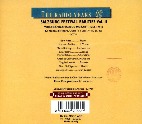 Wolfgang Amadeus Mozart, Ezio Pinza, Mariano Stabile, Maria Reining, Esther Réthy, Marta Rohs, Angelica Cravcenko, Wiener Philharmoniker, Wiener Staatsopernchor, Hans Knappertsbusch : Salzburg Festival Rarities Vol. II: Le Nozze Di Figaro (Act 3) (CD, Album, Mono, RE, RM)