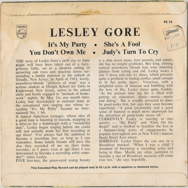 Lesley Gore : Lesley Gore (7", EP, Mono, RE)