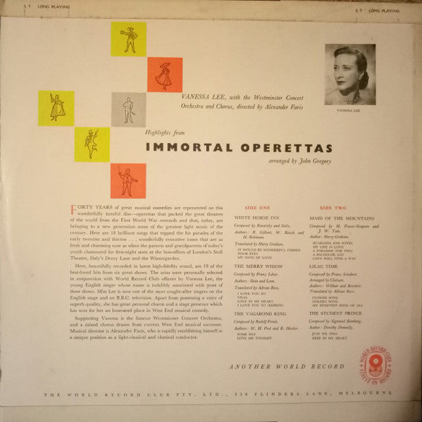 Vanessa Lee And Westminster Concert Chorus With  Westminster Concert Orchestra Conducted By Alexander Faris : Immortal Operettas  (LP, Album, Mono, Club)