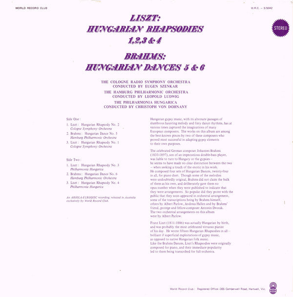 Johannes Brahms  /  Franz Liszt : Hungarian Rhapsodies 1,2,3 & 4 / Hungarian Dances 5 & 6 (LP, Comp, Club)