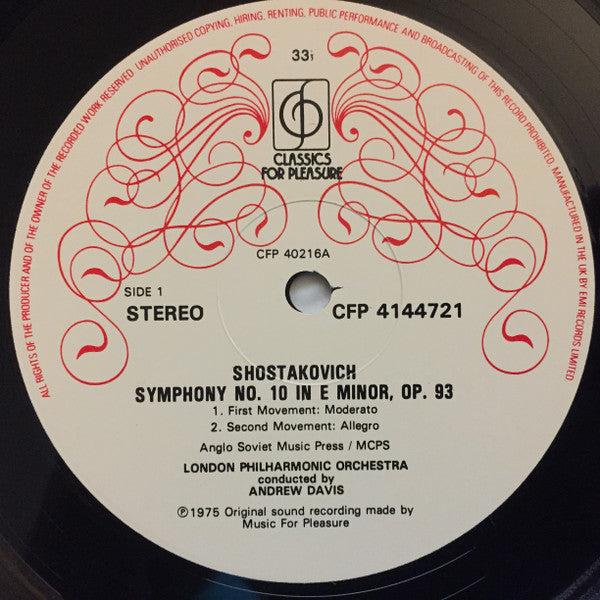Dmitri Shostakovich - London Philharmonic Orchestra, Andrew Davis : Symphony No. 10 In E Minor, Op. 93 (LP, RE)