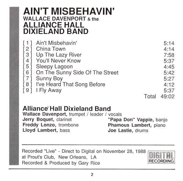 Alliance Hall Dixieland Band : Ain't Misbehavin (CD, Album)