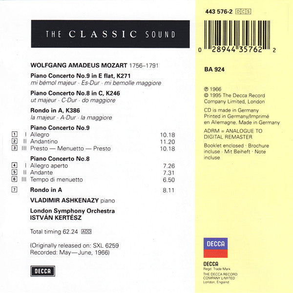 Mozart* - Ashkenazy*, London Symphony*, Kertesz* : Piano Concerto No. 8 In C, K.246 / Piano Concerto No. 9 In E Flat, K.271 / Rondo In A, K.386 (CD, Album, RE, RM)