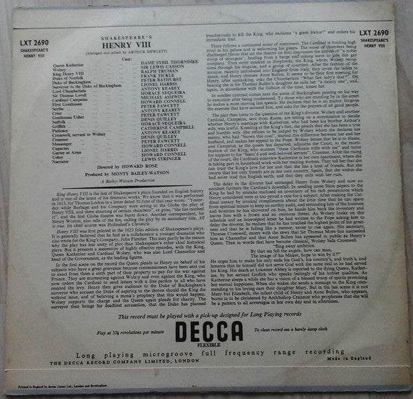 Sybil Thorndike, Lewis Casson, Ralph Truman, Frank Tickle, Lionel Harrys, Lewis Stringer : Shakespeare's Henry VIII (LP, Album)