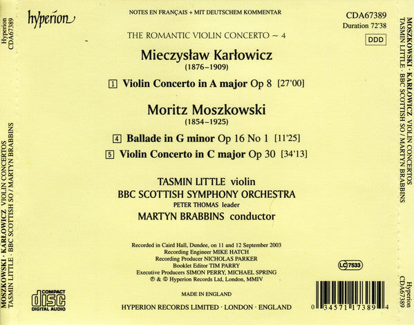 Karłowicz* / Moszkowski* - Tasmin Little, BBC Scottish Symphony Orchestra, Martyn Brabbins : Violin Concertos (CD, Album)