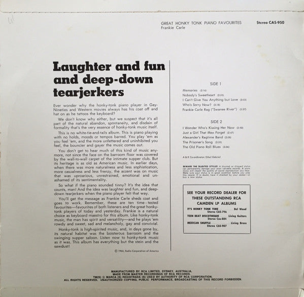 Frankie Carle : Great Honky Tonk Piano Favorites (LP, Album)