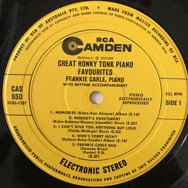 Frankie Carle : Great Honky Tonk Piano Favorites (LP, Album)