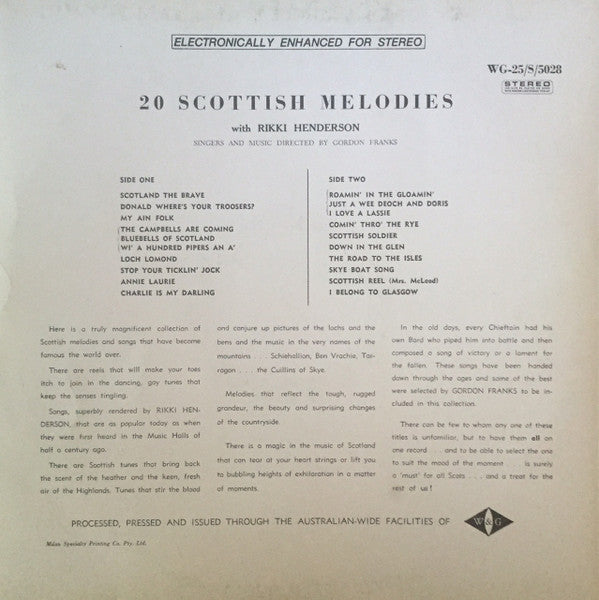 Gordon Franks Singers And Music With Rikki Henderson : 20 Scottish Melodies (LP, Album, RE)