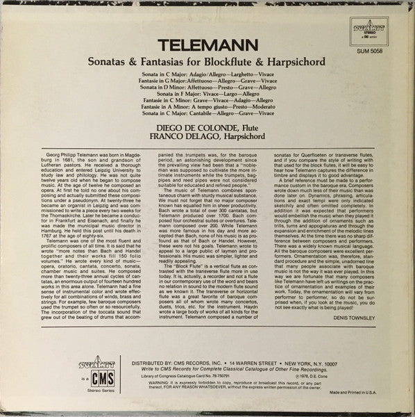 Diego De Colonde, Franco Delago : Telemann Sonatas & Fantasias for Blockflute & Harpsichord (LP)